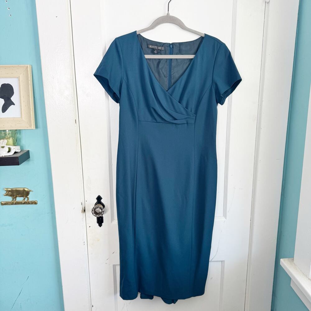 Lafayette 148 New York V-Neck Virgin Wool Pencil Dress Fluted Back Skirt Size 6